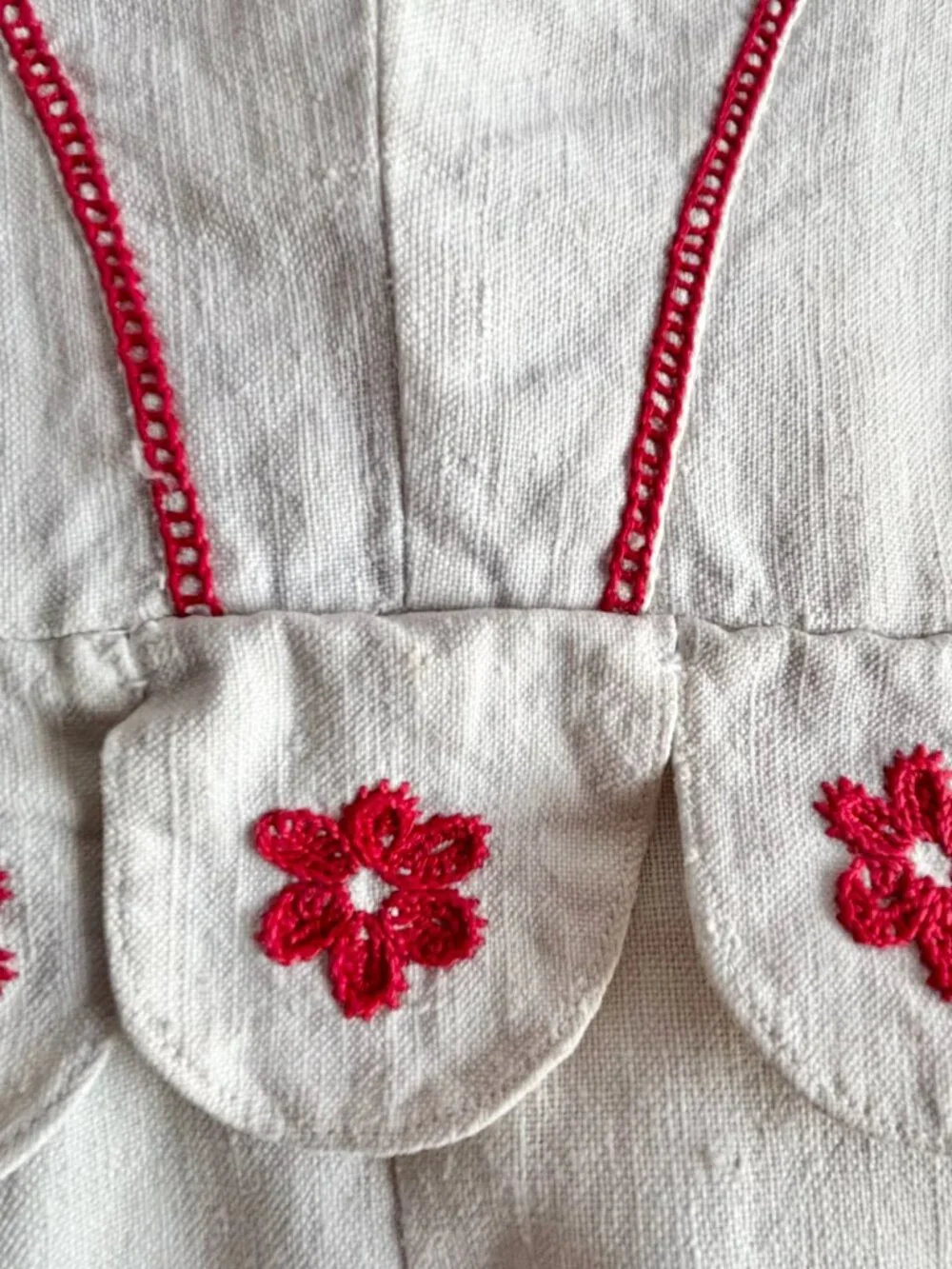 Vintage White Linen Handmade Embroidered Hungarian Folk Style Dress